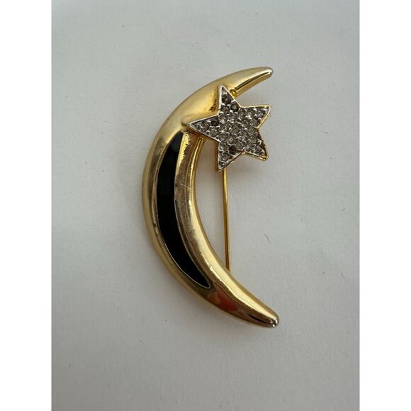 Vintage Gold-Tone Crescent Moon & Star Brooch With Rhinestones & Black Enamel - Picture 11 of 16